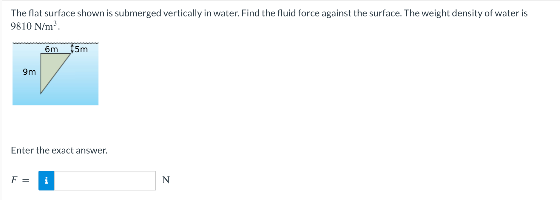 The flat surface shown is submerged vertically in water. Find the fluid