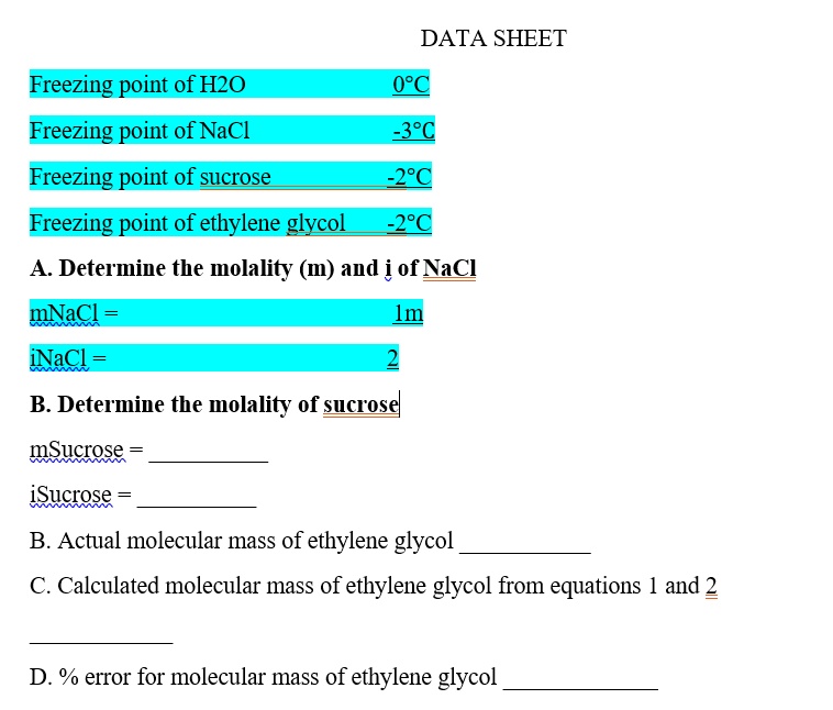 SOLVED: DATA SHEET Freezing point of HZO Freezing point of NaCl 332C ...