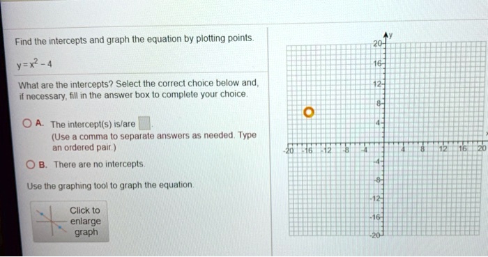 Find the intercepts and graph the equation by plotting points.
y = x^2 - 4
What are the intercepts? Select the correct choice below and, if necessary, fill in the answer box to complete your choice.
A. The intercept(s) is/are 
(Use a comma to separate answers as needed. Type an ordered pair.)
B. There are no intercepts.
Use the graphing tool to graph the equation.