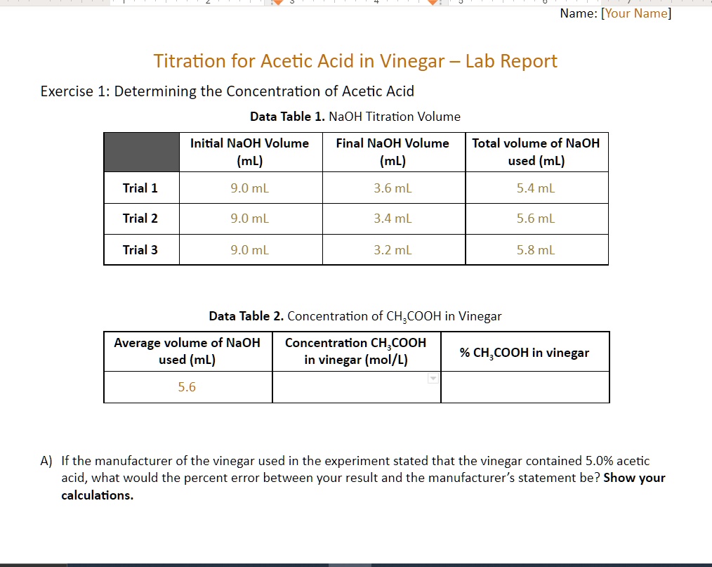 SOLVED How do I find the Concentration of Vinegar? 5mL of vinegar was