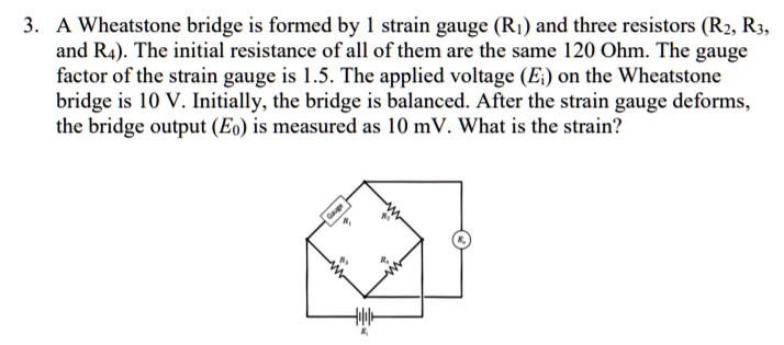 3. A Wheatstone bridge is formed by 1 strain gauge (R1) and three resistors (R2, R3, and R4). The initial resistance of all of them are the same 120 Ohm. The gauge factor of the strain gauge is 1.5. The applied voltage (Ei) on the Wheatstone bridge is 10 V. Initially, the bridge is balanced. After the strain gauge deforms, the bridge output (E0) is measured as 10 mV. What is the strain?
