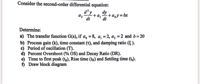 Solved Consider The Second Order Differential Equation E 401 Dy Aoyebx Determinc The Transfer Function G S If 4 2 42 2 And B Process Gain K Time Constant C And