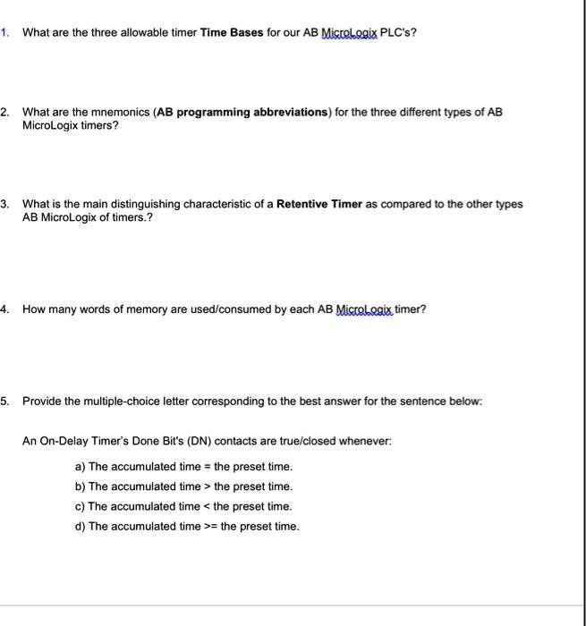 SOLVED What are the three allowable timer Time Bases for our AB