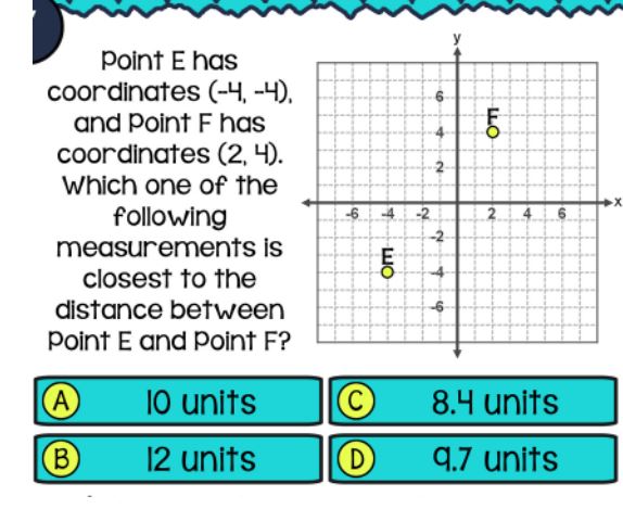 Point E has coordinates (-4, -4), and Point F has coordinates (2, 4). Which one of the following measurements is closest to the distance between Point E and Point F?
(A) 10 units
(C) 8.4 units
(B) 12 units
(D) 9.7 units