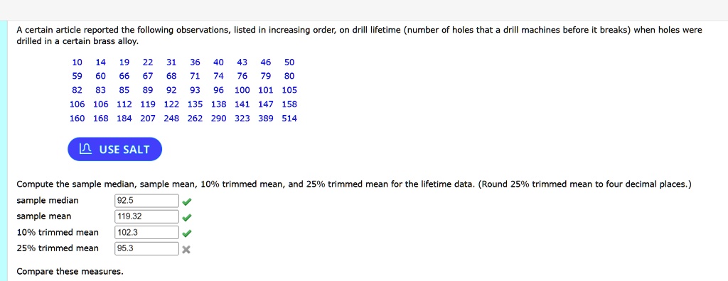 SOLVED: 25% trimmed mean A certain article reported the following ...