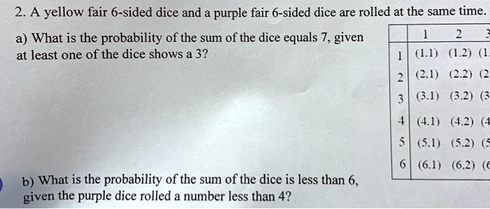 2. A yellow fair 6-sided dice and a purple fair 6-sided dice are rolled at the same time.
a) What is the probability of the sum of the dice equals 7, given at least one of the dice shows a 3?
b) What is the probability of the sum of the dice is less than 6, given the purple dice rolled a number less than 4?