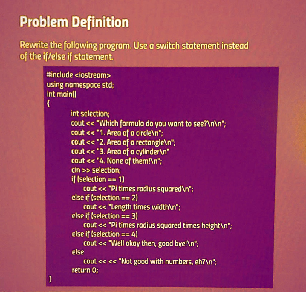 SOLVED: Please do this program in C++. If it matters I need to do this in Visual  Studio Code. Please read the instructions carefully and do whats asked.  Thank you. Problem Definition