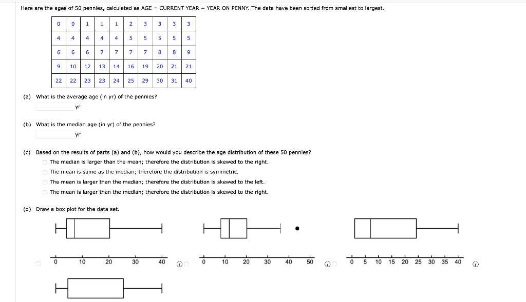 SOLVED: Here are the ages of 50 pennies, calculated as AGE = CURRENT ...