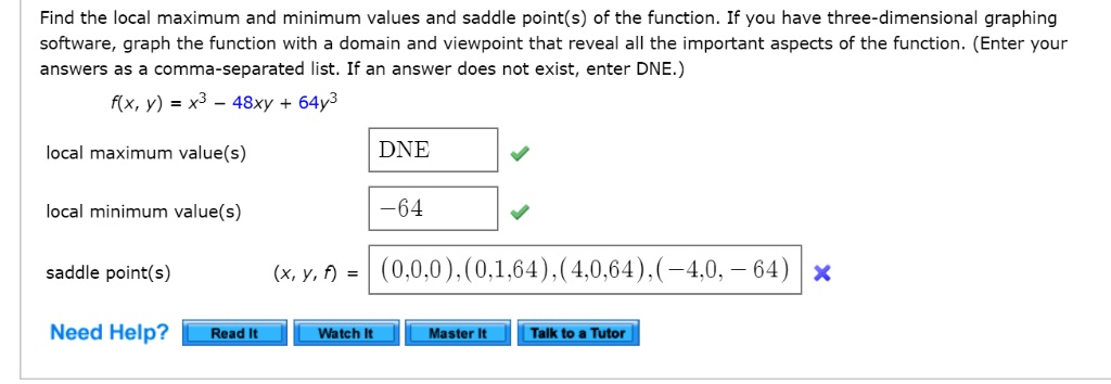 SOLVED: Find the local maximum and minimum values and saddle point(s ...