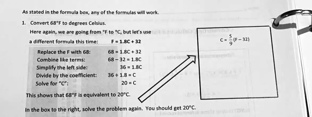 SOLVED: As stated in the formula box, any of the formulas will work: Convert  68%F to degrees Celsius. Here again, we are going from % to Â°C, but let's  use a different