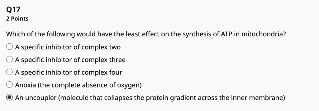 Q17
2 Points
Which of the following would have the least effect on the synthesis of ATP in mitochondria?
A specific inhibitor of complex two
A specific inhibitor of complex three
A specific inhibitor of complex four
Anoxia (the complete absence of oxygen)
An uncoupler (molecule that collapses the protein gradient across the inner membrane)