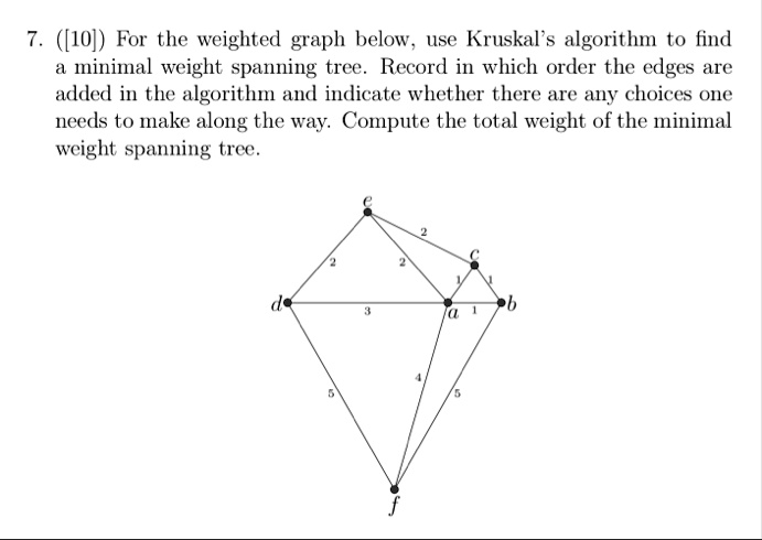 7 10 for the weighted graph below use kruskals algorithm to find a minimal weight spanning tree record in which order the edges are added in the algorithm and indicate whether there are any  55464