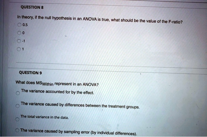 QUESTION 8
In theory, if the null hypothesis in an ANOVA is true, what should be the value of the F-ratio?
0.5
0
-1
1

QUESTION 9
What does MSWithin represent in an ANOVA?
The variance accounted for by the effect.
The variance caused by differences between the treatment groups.
The total variance in the data.
The variance caused by sampling error (by individual differences).
