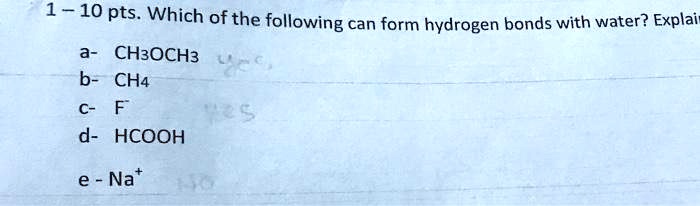 SOLVED: 1 - 10 pts Which ofthe following can form hydrogen bonds with ...