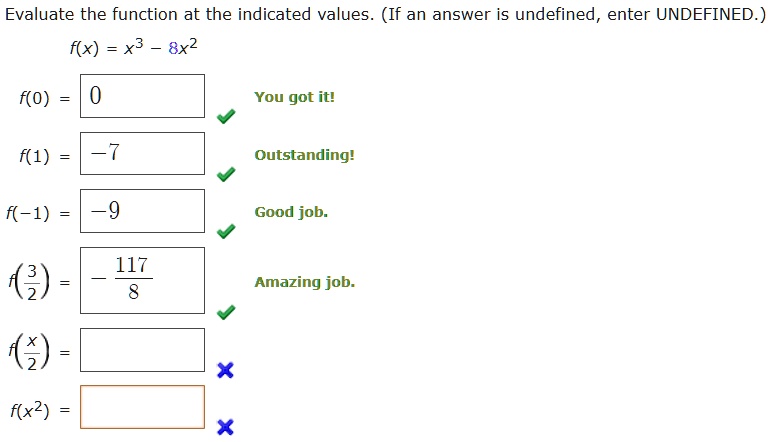 evaluate the function at the indicated values if an answer is undefined enter undefined fx2 f32 evaluate the function at the indicated values if an answer is undefined enter undefined fx x3  32826