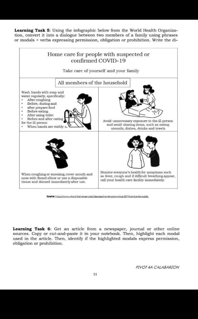 SOLVED: 'Patulong po dito sa LEARNING TASK 5 Learning Task 5: Using the  infographic below from the World Health Organiza - tion, conver it into  dialogue between two members of family using