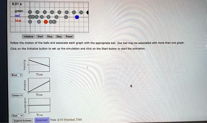 8.01 s
green
red
blue
Initialize Start Stop Step Reset
Follow the motion of the balls and associate each graph with the appropriate ball. One ball may be associated with more than one graph.
Click on the Initialize button to set up the simulation and click on the Start button to start the animation.
Velocity
Time
Position
Time
Acceleration
Time
Submit Answer Incorrect. Tries 3/10 Previous Tries