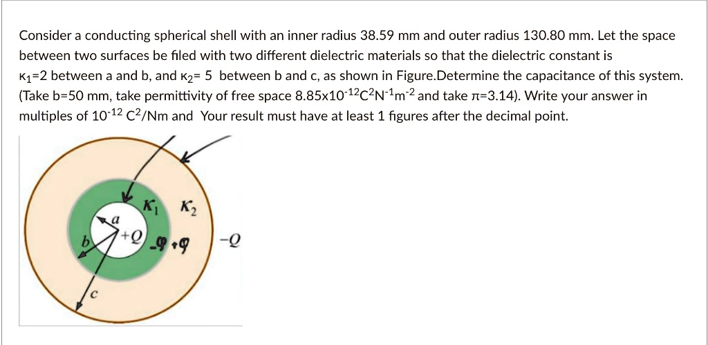 Solved Consider A Conducting Spherical Shell With An Inner Radius 38 59 Mm And Outer Radius 130 80 Mm Let The Space Between Two Surfaces Be Filed With Two Different Dielectric Materials So That