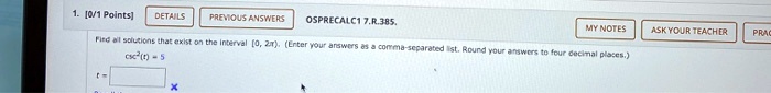 Find all solutions that exist on the interval [0, 2?). (Enter your answers as a comma-separated list. Round your answers to four decimal places.)
csc²(t) = 5
t =