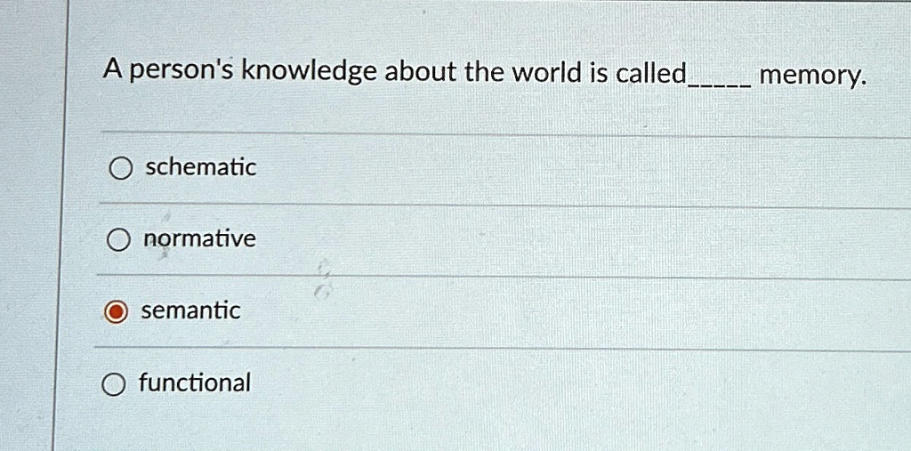 a persons knowledge about the world is called memory o schematic o normative semantic o functional 97441