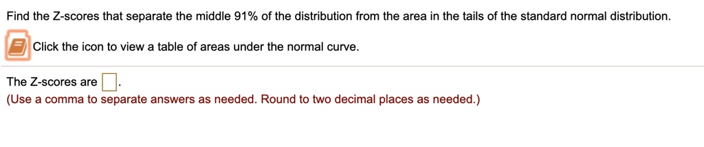 Find the Z-scores that separate the middle 91% of the distribution from the area in the tails of the standard normal distribution.
Click the icon to view a table of areas under the normal curve.
The Z-scores are .
(Use a comma to separate answers as needed. Round to two decimal places as needed.)