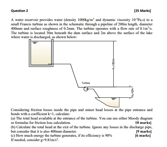 Question 2 [25 Marks] A water reservoir provides water (density 1000kg ...