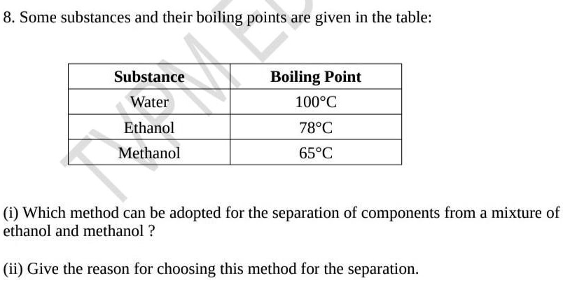 8. Some substances and their boiling points are given in the table:

Substance	Boiling Point
Water	100°C
Ethanol	78°C
Methanol	65°C

(i) Which method can be adopted for the separation of components from a mixture of
ethanol and methanol ?

(ii) Give the reason for choosing this method for the separation.