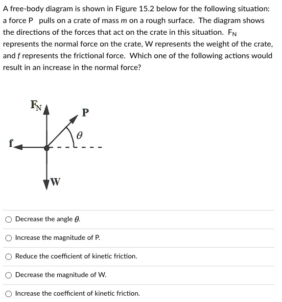 A free-body diagram is shown in Figure 15.2 below for the following situation: a force P pulls on a crate of mass m on a rough surface. The diagram shows the directions of the forces that act on the crate in this situation. FN represents the normal force on the crate, W represents the weight of the crate, and f represents the frictional force. Which one of the following actions would result in an increase in the normal force?
Decrease the angle ?.
Increase the magnitude of P.
Reduce the coefficient of kinetic friction.
Decrease the magnitude of W.
Increase the coefficient of kinetic friction.