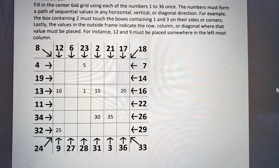 SOLVED: Fill in the center 6x6 grid using each of the numbers 1 to 36 ...