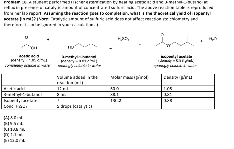 SOLVED Problem 18 A student performed Fischer esterification by heating acetic acid and 3