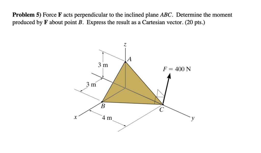 Problem 5) Force F acts perpendicular to the inclined plane ABC. Determine the moment produced by F about point B. Express the result as a Cartesian vector. (20 pts.)