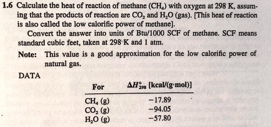 SOLVED: 1.6 Calculate the heat of reaction of methane (CH4) with oxygen ...