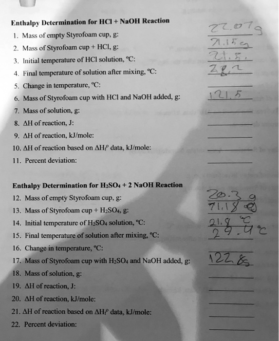 Enthalpy Determination for HClNaOH Reaction Mass of empty Styrofoam cup, g Mass of Styrofoam