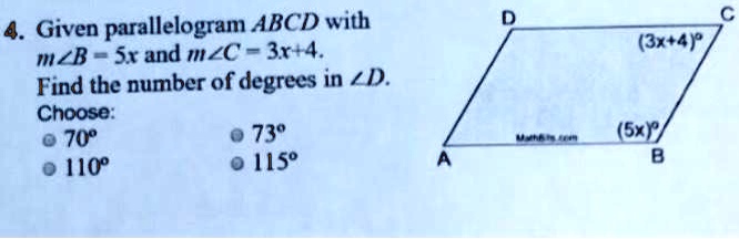 given parallelogram abcd with mzb sr and mzc 3r4 find the number of degrees in d choose 70 73 ho hs 3x4p sy 09293
