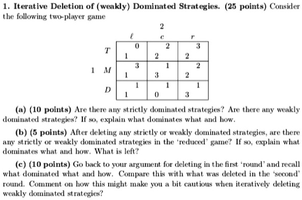 Strategy Two Points 1. Iterative Deletion of (weakly) Dominated Strategies. (25 points ...