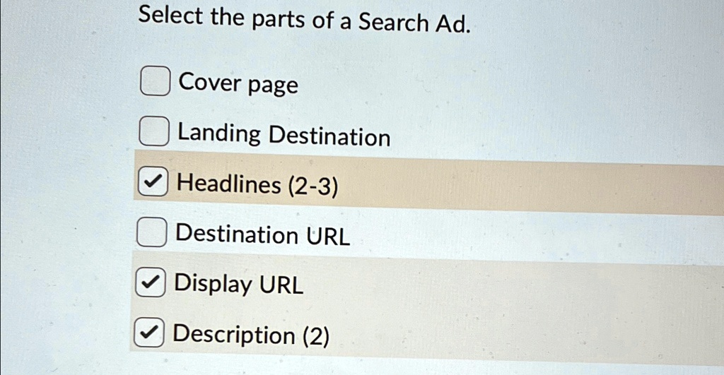 select the parts of a search ad cover page landing destination ...