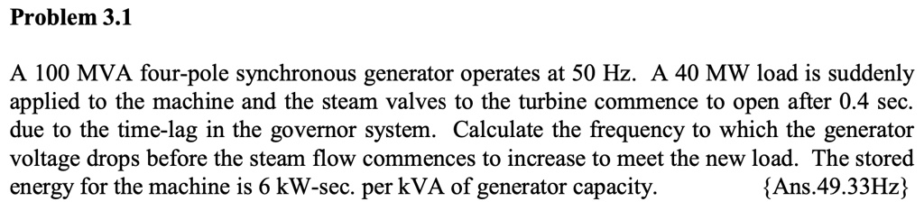 Problem 3.1 A 100 MVA four-pole synchronous generator operates at 50 Hz ...
