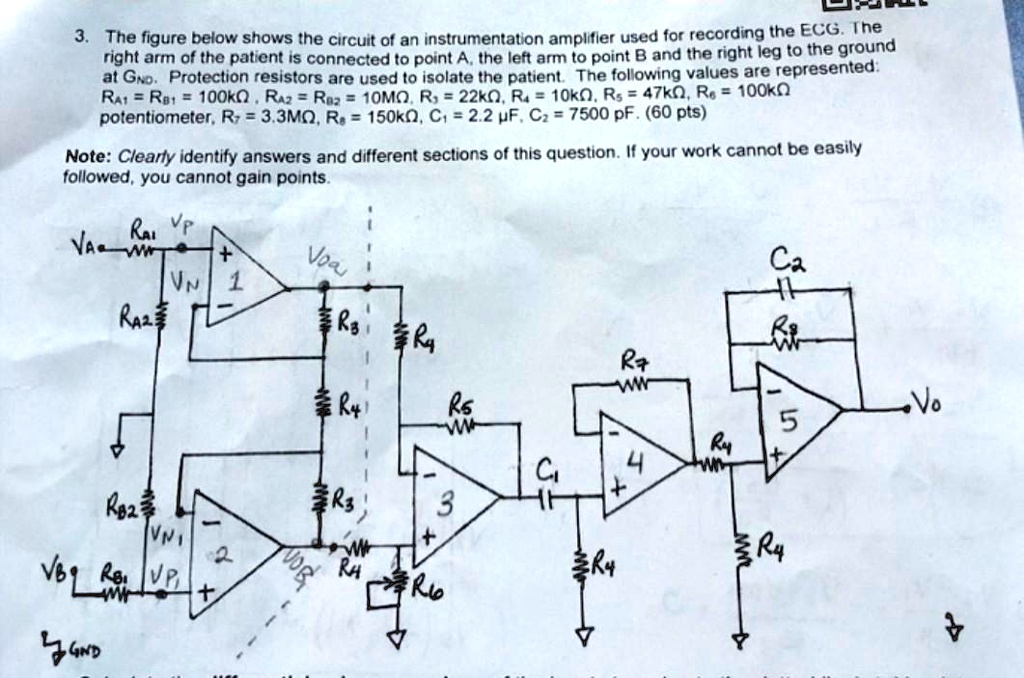 SOLVED In the ECG amplifier circuit shown, calculate a. The gain of all the different stages