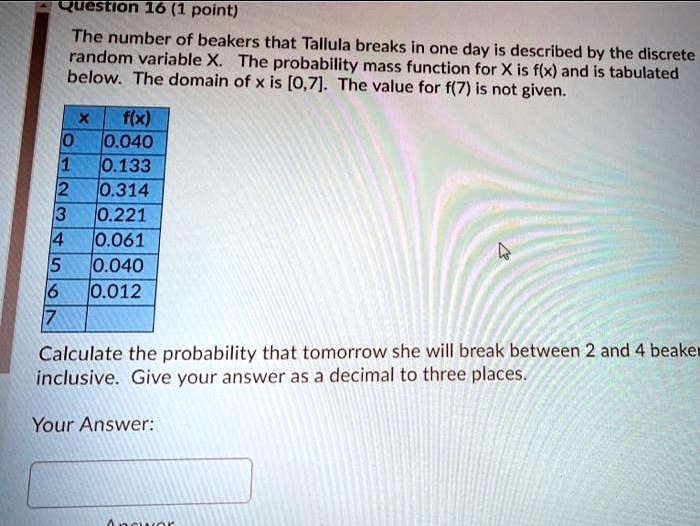 SOLVEDquestion 16 (1 point) The number f beakers that Tallula breaks