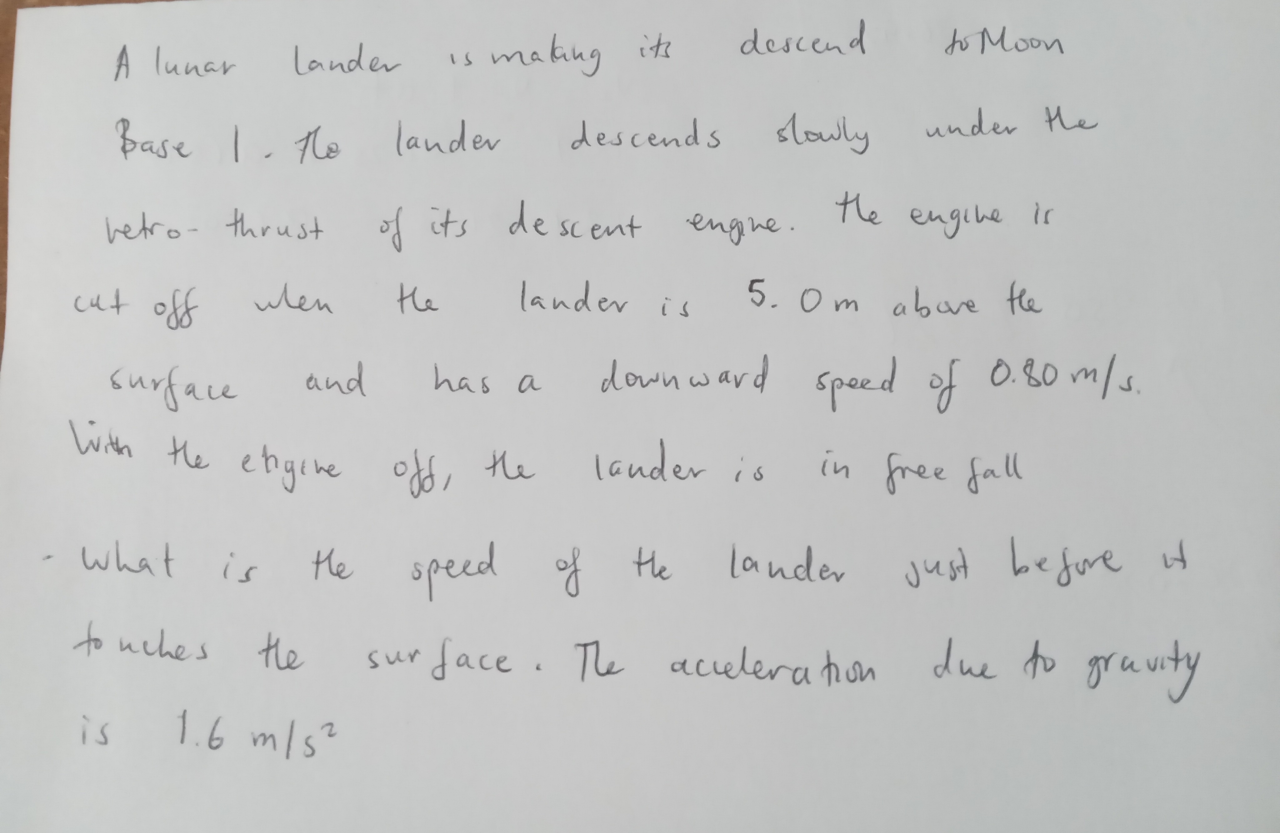 Solved: A Lunar Lander Is Making Its Descend To Moon Base 1. The Lander 