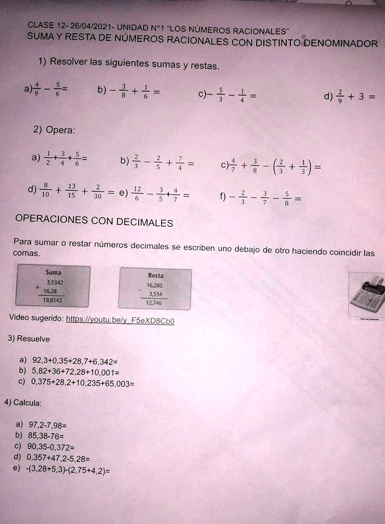 SOLVED: Problema De Matemáticas CLASE 12-26/04/2021- UNIDAD N'1 "LOS ...