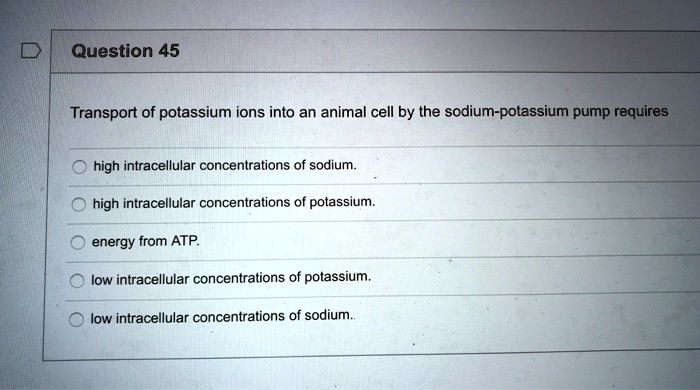 SOLVED: Question 45 Transport of potassium ions into an animal cell by the  sodium-potassium pump requires high intracellular concentrations of sodium:  high intracellular concentrations of potassium . energy from ATP low  intracellular