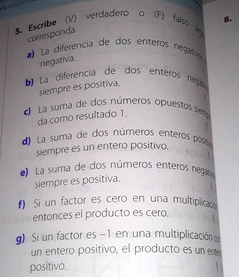 Solved Escribe V Verdadero F Falso Seg N Corresponda A La