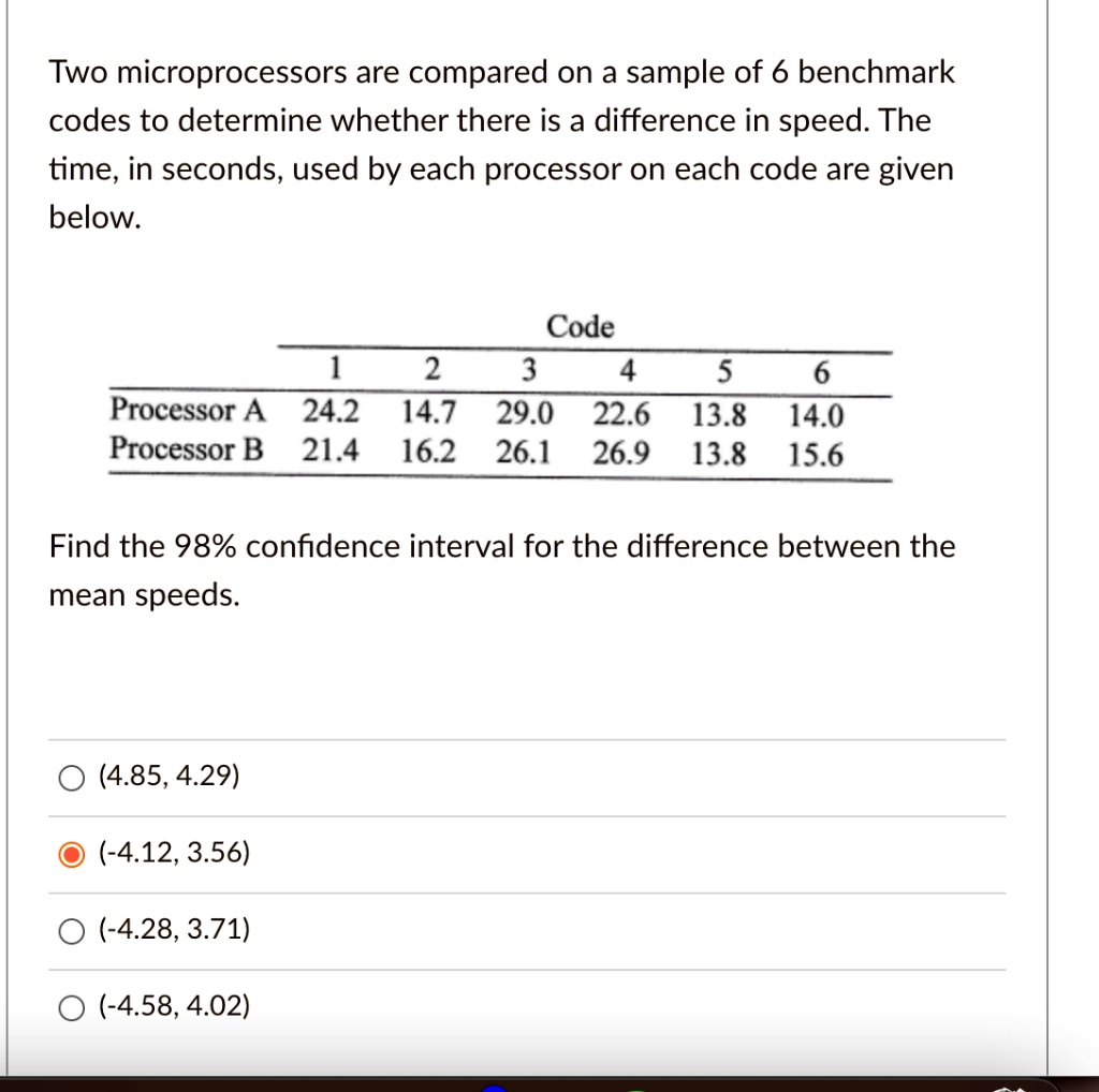 SOLVED: Two microprocessors are compared on a sample of 6 benchmark ...