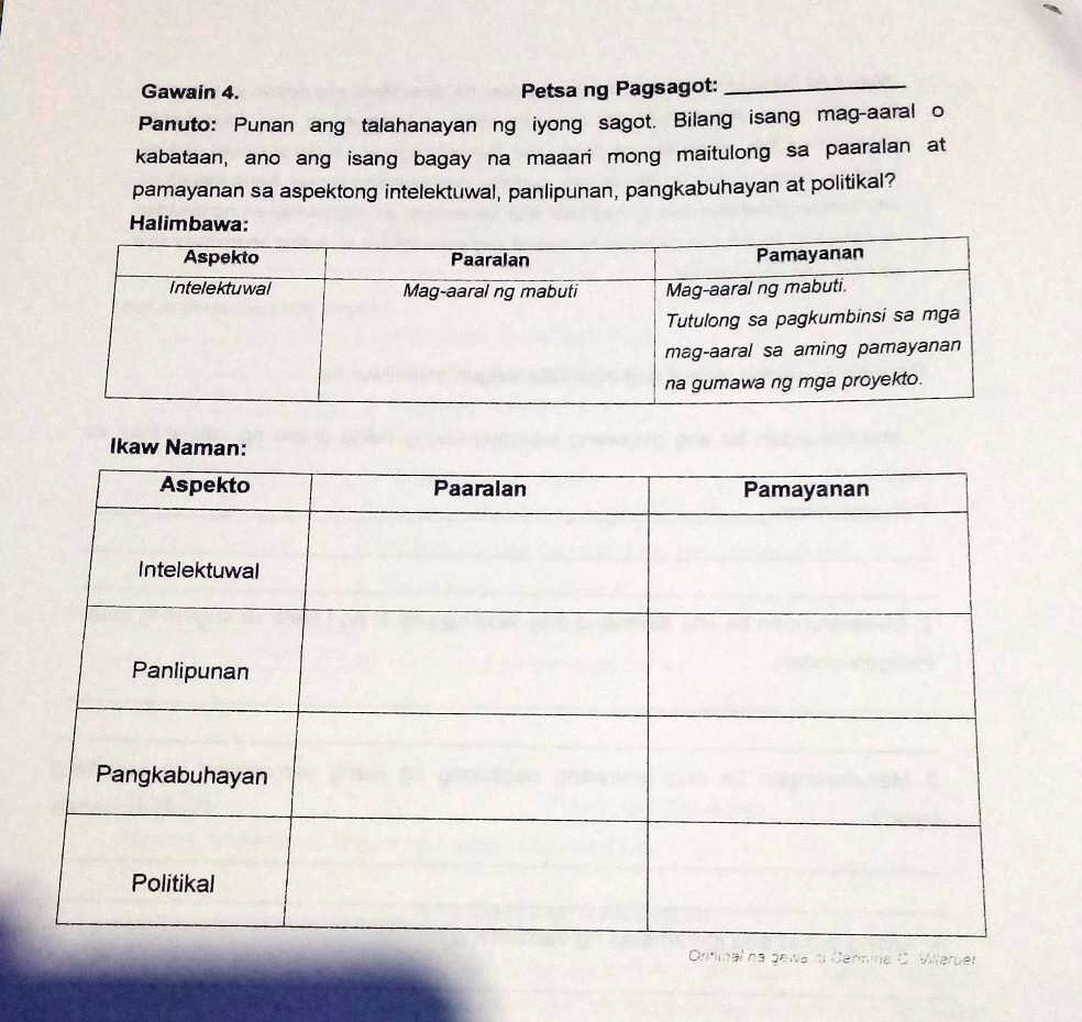 Solved Panuto Punan Ang Talahanayan Ng Iyong Sagot Bilang Isang Mag Aaral Okabataan Ano Ang