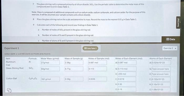please help find the atoms of each element si o for the glass stirring ...