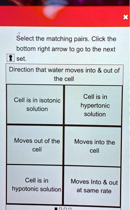 Select the matching pairs. Click the bottom right arrow to go to the next set.
Direction that water moves into     out of the cell
Cell is in isotonic solution
Cell is in hypertonic solution
Moves out of the cell
Moves into the cell
Cell is in hypotonic solution
Moves Into     out at same rate