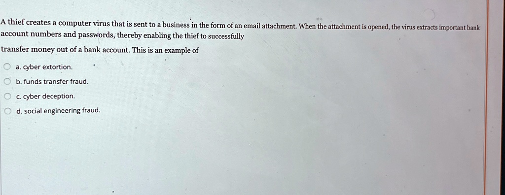 a thief creates a computer virus that is sent to a business in the form of an email attachment when the attachment is opened the virus extracts important bank account numbers and passwords t 56733