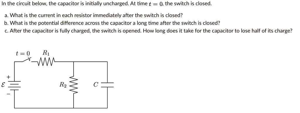 In the circuit below, the capacitor is initially uncharged. At time t = 0, the switch is closed.
a. What is the current in each resistor immediately after the switch is closed?
b. What is the potential difference across the capacitor a long time after the switch is closed?
c. After the capacitor is fully charged, the switch is opened. How long does it take for the capacitor to lose half of its charge?