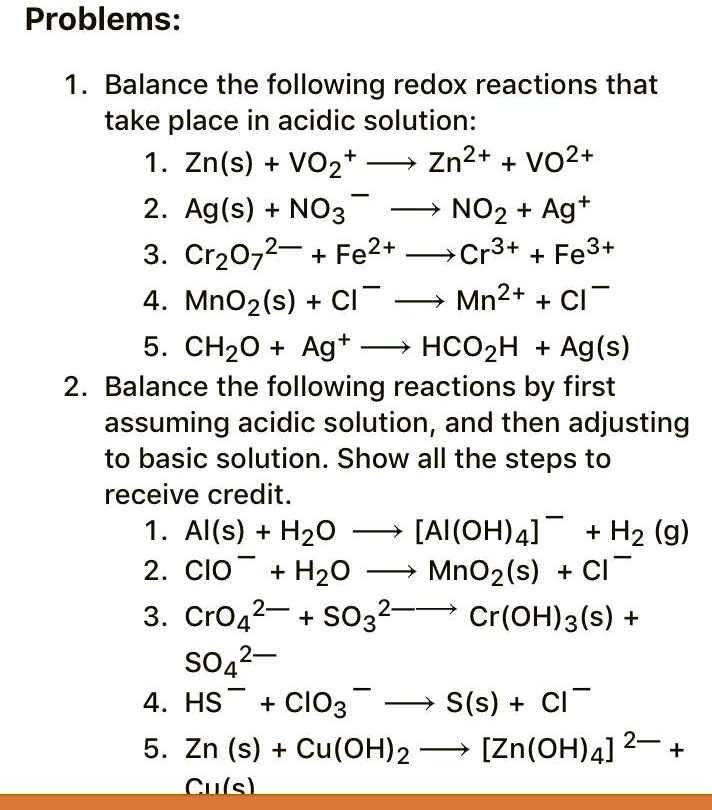 Solved 1 Balance The Following Redox Reactions That Take Place In Acidic Solution 1 Zns 8077